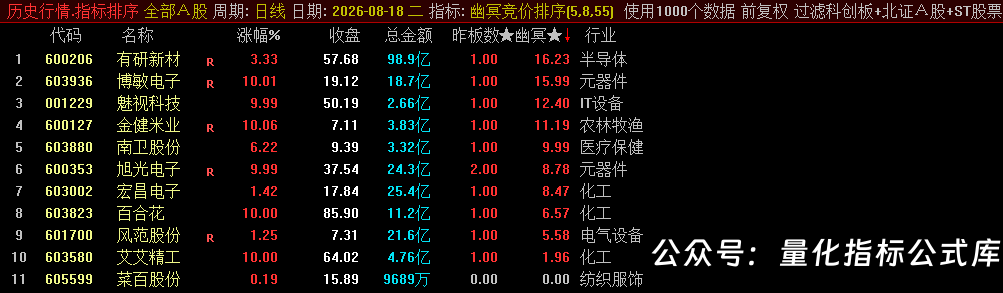 源码分享【幽冥竞价】副图排序/选股指标，竞价排序后全天不变，可回测，仅限电脑使用