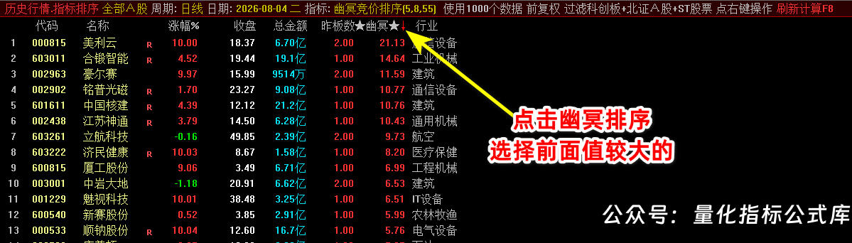 源码分享【幽冥竞价】副图排序/选股指标，竞价排序后全天不变，可回测，仅限电脑使用